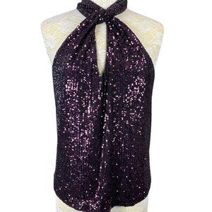 Parker Dallas Sleeveless Twist Halter Lined Burgundy Sequined Top Large